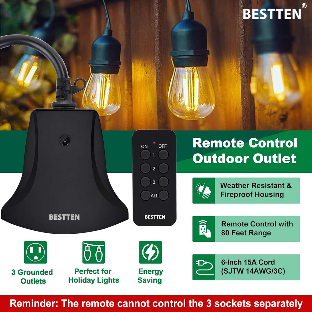 BESTTEN Wireless Outdoor Remote Control Outlet with 6-Inch Heavy Duty –  BESTTEN US