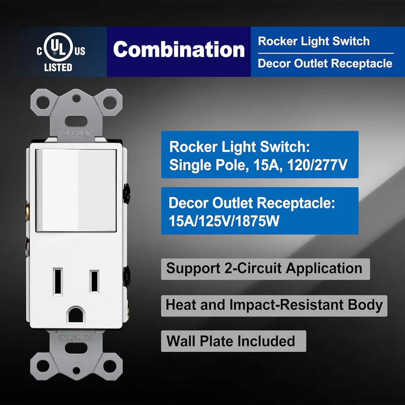 BESTTEN 2 Pack Combination Wall Light Switch and Decor Outlet, Single Pole Rocker Switch, 15A/120V, Decorative Receptacle, 15A/125V, Combo Style, Wallplate Included, Side Wire, UL Listed, White