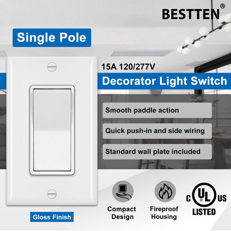 BESTTEN 30 Pack Single Pole Decorator Light Switch, Rocker Paddle Wall Switch, On/Off Interrupter, w/Wall Plate, 15A 120/277V, UL Listed, White