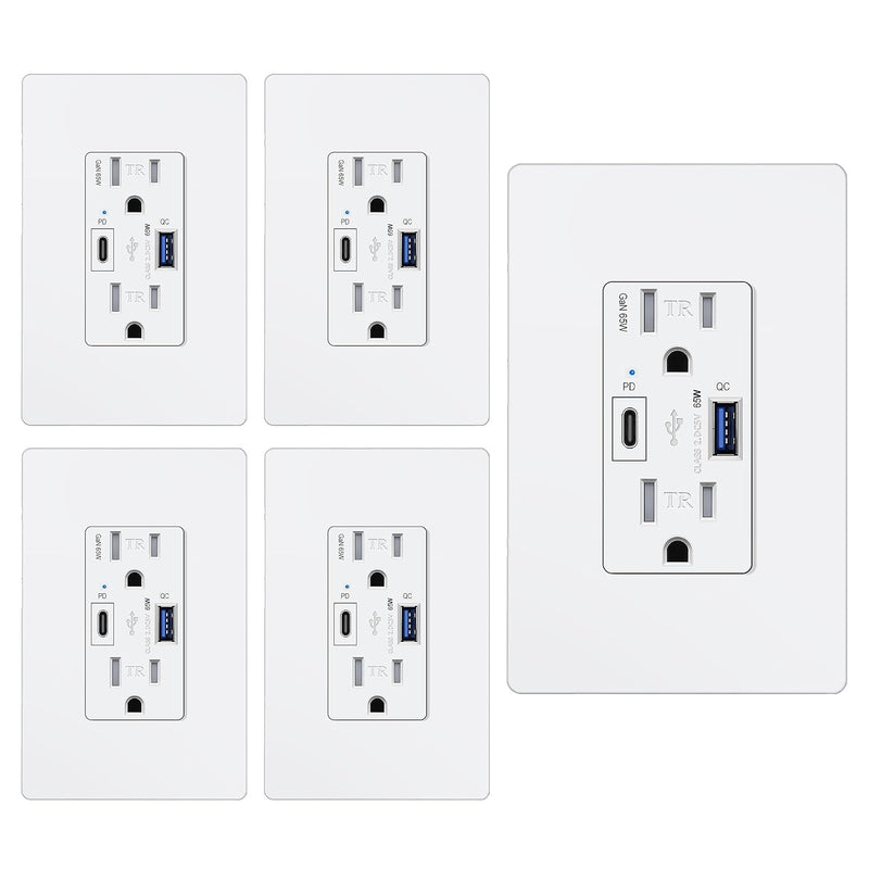 [5 Pack] BESTTEN GaN 65W USB C Wall Receptacle for Laptop, 15A High Speed Charging Power Outlets with USB Ports, Type C Supports PD 3.0 & PPS, Type A Supports Quick Charger 3.0, UL Listed, White