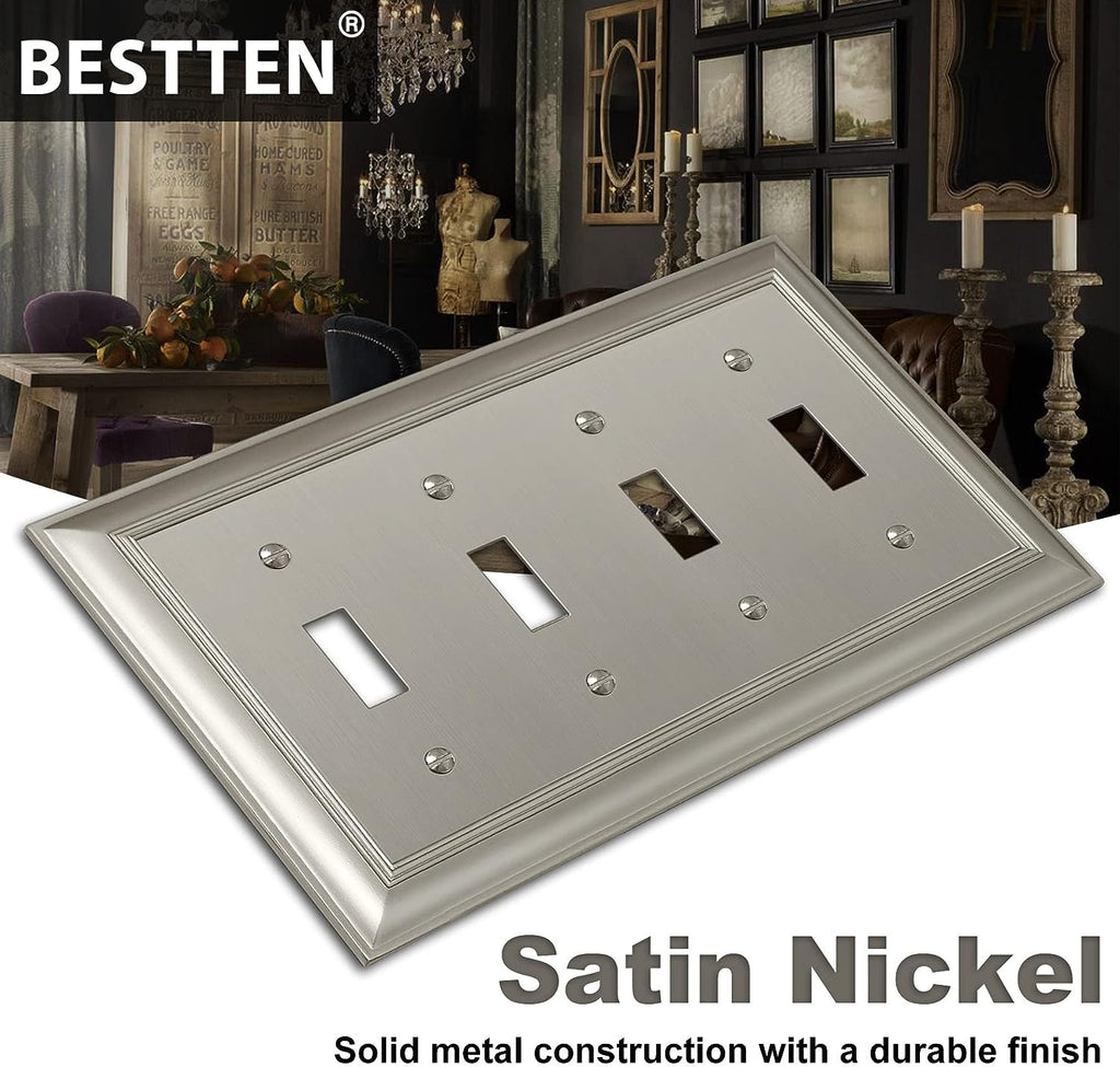 [2 Pack] BESTTEN Grand Collection 4 Gang Satin Nickel Toggle Switch Metal Wall Plates Cover, Stainless Steel Light Switch Cover, Corrosion Resistant