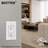 BESTTEN 100 Pack 15 Amp Outlet, Decorator Receptacle Outlet, Standard Electrical Wall Outlet, Tamper Resistant, Residential and Commercial Use, Wallplate Included, 15A/125V/1875W, UL Listed, White