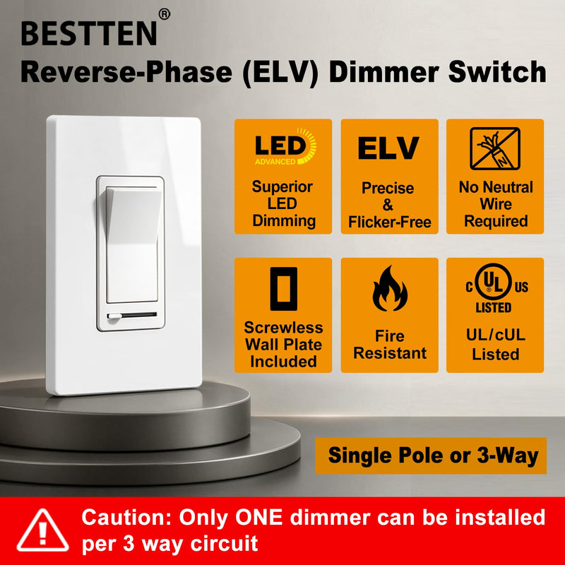 BESTTEN Slim ELV Dimmer Switch for 300W Dimmable LED/CFL and Incandescent lamps, Single Pole or 3 Way, No Neutral Wire Required, UL Listed, White