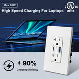 BESTTEN 2 Pack GaN 65W USB C Wall Receptacle for Laptop, 20A Outlet with High Speed Charging USB Port, Type C Supports PD 3.0 & PPS, Type A Supports Quick Charger 3.0, UL Listed, White