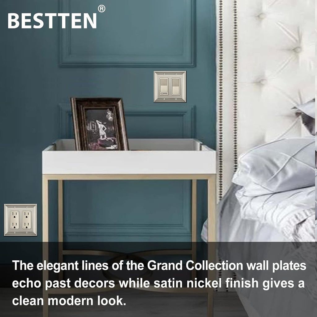 [5 Pack] BESTTEN 2 Gang Zinc Alloy Satin Nickel Decorator Wall Plate, Grand Collection Metal Decor Outlet Cover for Switch or Receptacle