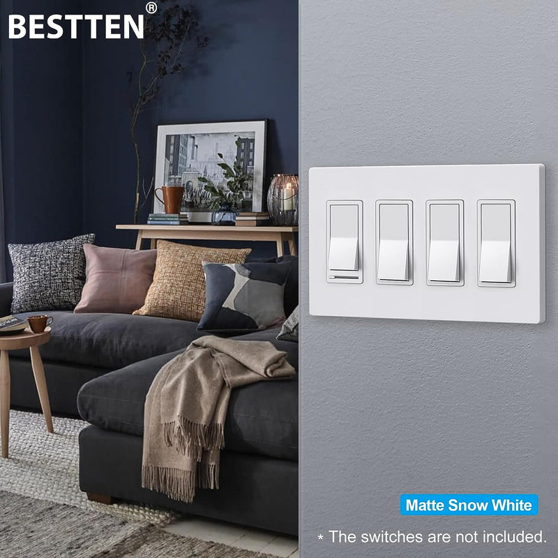 [2 Pack] BESTTEN USWP6 Matte Snow White Series 4-Gang Screwless Wall Plate, Decorator Outlet Cover, for Light Switch, Dimmer, USB, GFCI, Receptacle, H4.69¡± x W8.35¡±