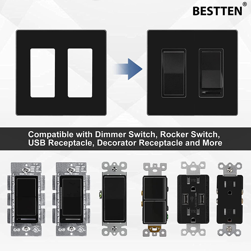 [5 Pack] BESTTEN 2-Gang Black Screwless Wall Plate, Unbreakable Polycarbonate Outlet Cover, H4.69-Inch x W4.73-Inch, for Light Switch, Dimmer, GFCI, USB Receptacle