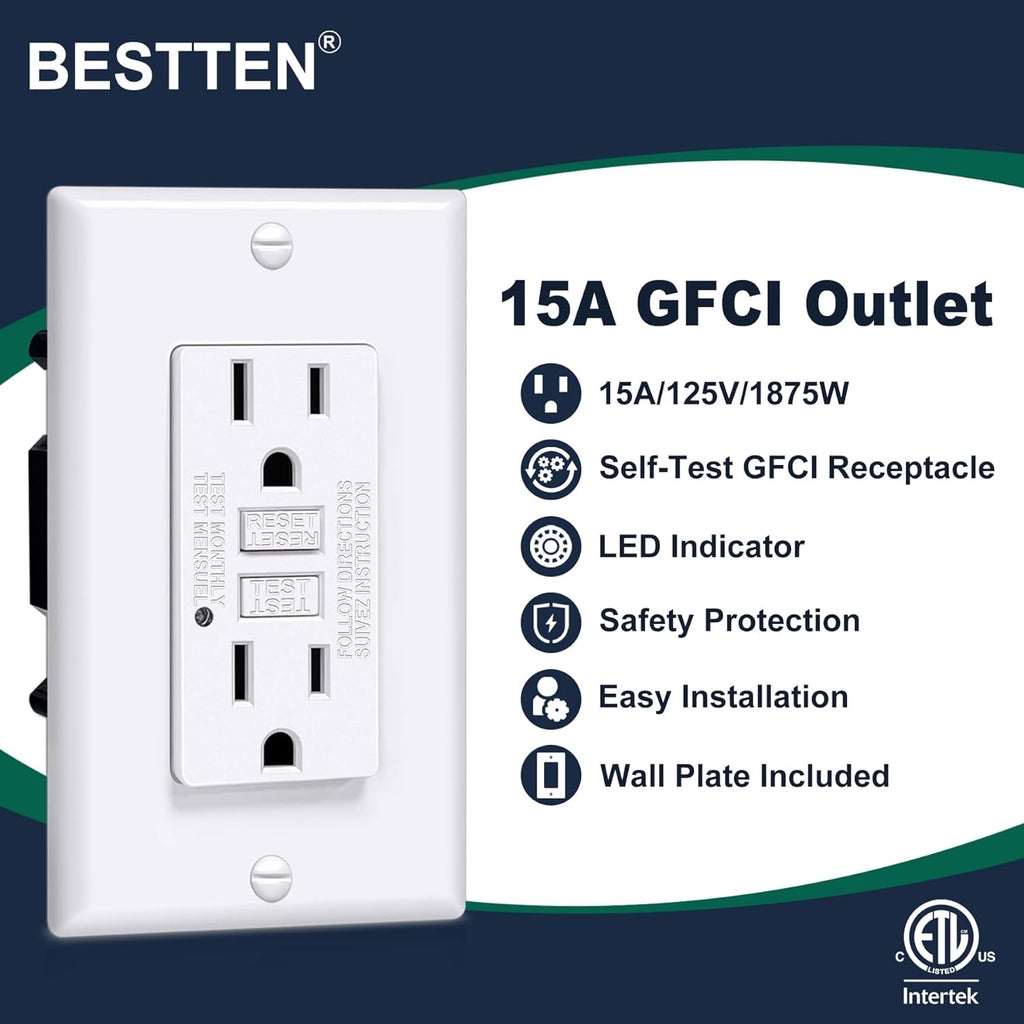 [20 Pack] BESTTEN 15 Amp Self-Test GFCI Outlet, Non-Tamper-Resistant Ground Fault Circuit Interrupter, 15A GFI Receptacle with LED Indicator, Wallplate Included, ETL Certified, White