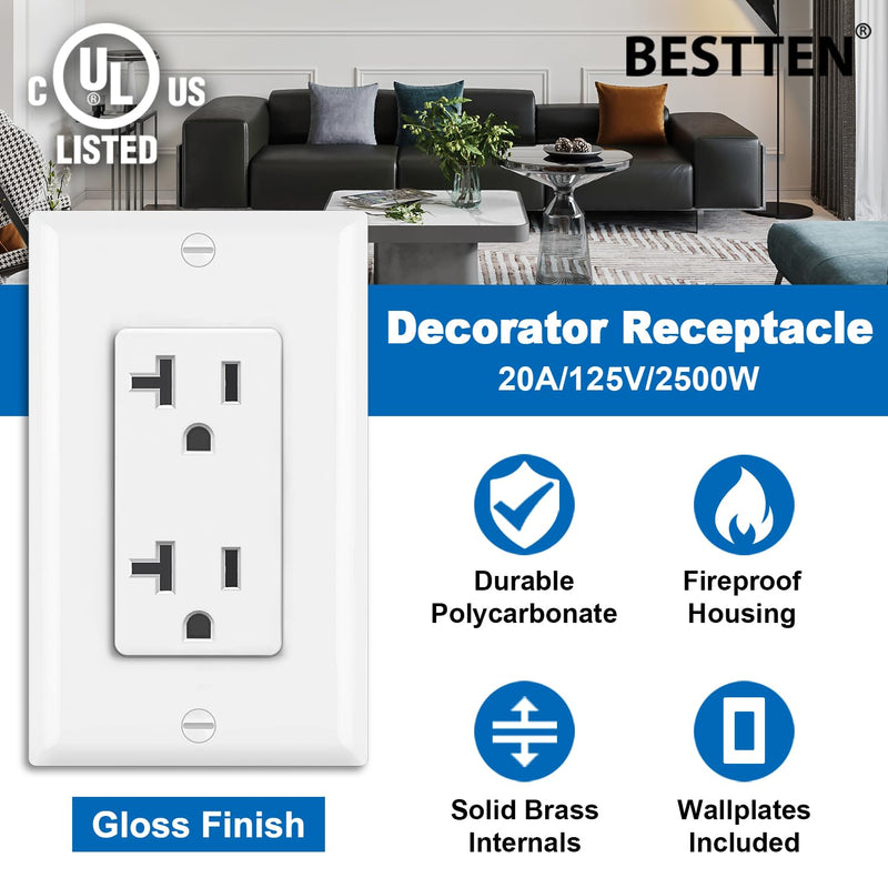 BESTTEN 20 Pack 20 Amp Decorator Receptacle, Electrical Wall Outlet, Non-Tamper-Resistant, Residential & Commercial Use, 20A/125V/2500W, UL Listed, White