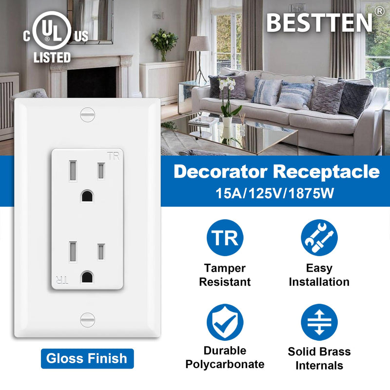 BESTTEN 50 Pack Receptacle Outlets, 15 Amp Wall Outlet, UL Listed, Tamper Resistant Electrical Outlet, Decorator Receptacles for Residential and Commercial Use, 125V/1875W, Wall Plate Included, White