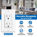 BESTTEN 100 Pack 15 Amp Outlet, Decorator Receptacle Outlet, Standard Electrical Wall Outlet, Tamper Resistant, Residential and Commercial Use, Wallplate Included, 15A/125V/1875W, UL Listed, White