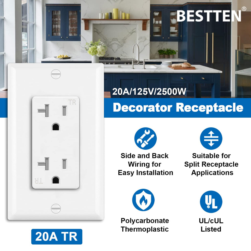 [100 Pack] BESTTEN 20 Amp Wall Receptacle Outlet, Tamper-Resistant (TR), Residential and Commercial Use, 20A/125V/2500W, UL Listed, White