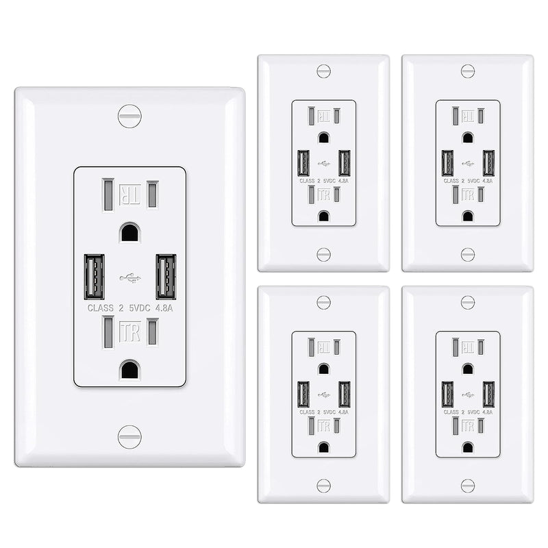 [5 Pack] BESTTEN 4.8A High Speed USB Wall Outlet, 15 Amp Ultra Slim USB Receptacle with Tamper-Resistant, 15A Outlets with USB Quick Charging Ports, Self-Grounding, UL Listed, Snow White