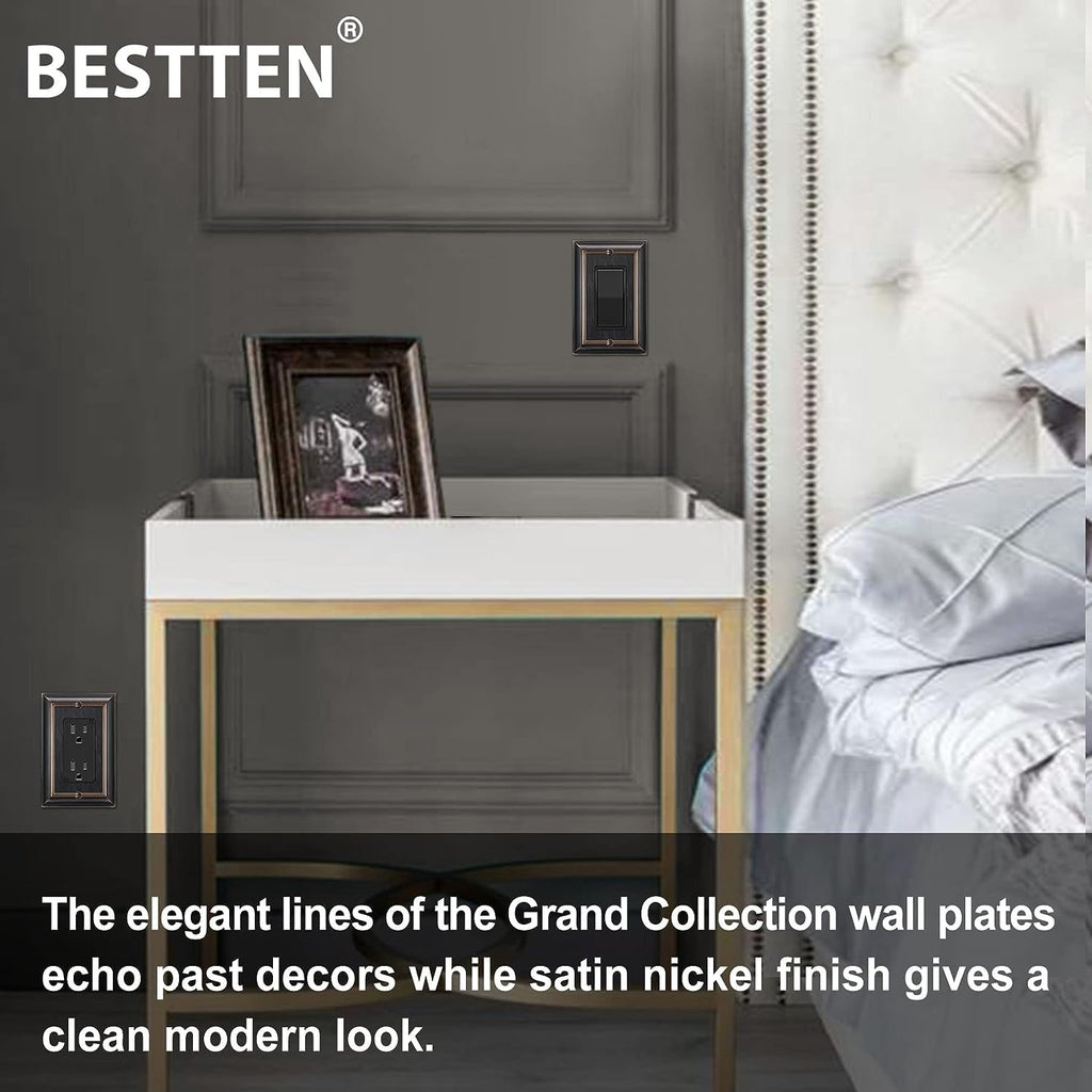 [4 Pack] BESTTEN 1 Gang Oil Rubbed Bronze Zinc Alloy Metal Decorator Wall Plate, Grand Collection Decor Outlet Cover for Switch or Receptacle