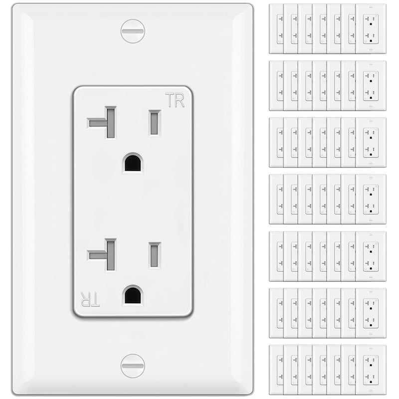 BESTTEN 20 Amp Decorator Receptacle Outlet, 50 Pack Tamper-Resistant (TR) Wall Electrical Outlet with Wallplate, 20A/125V/2500W, UL Listed, White