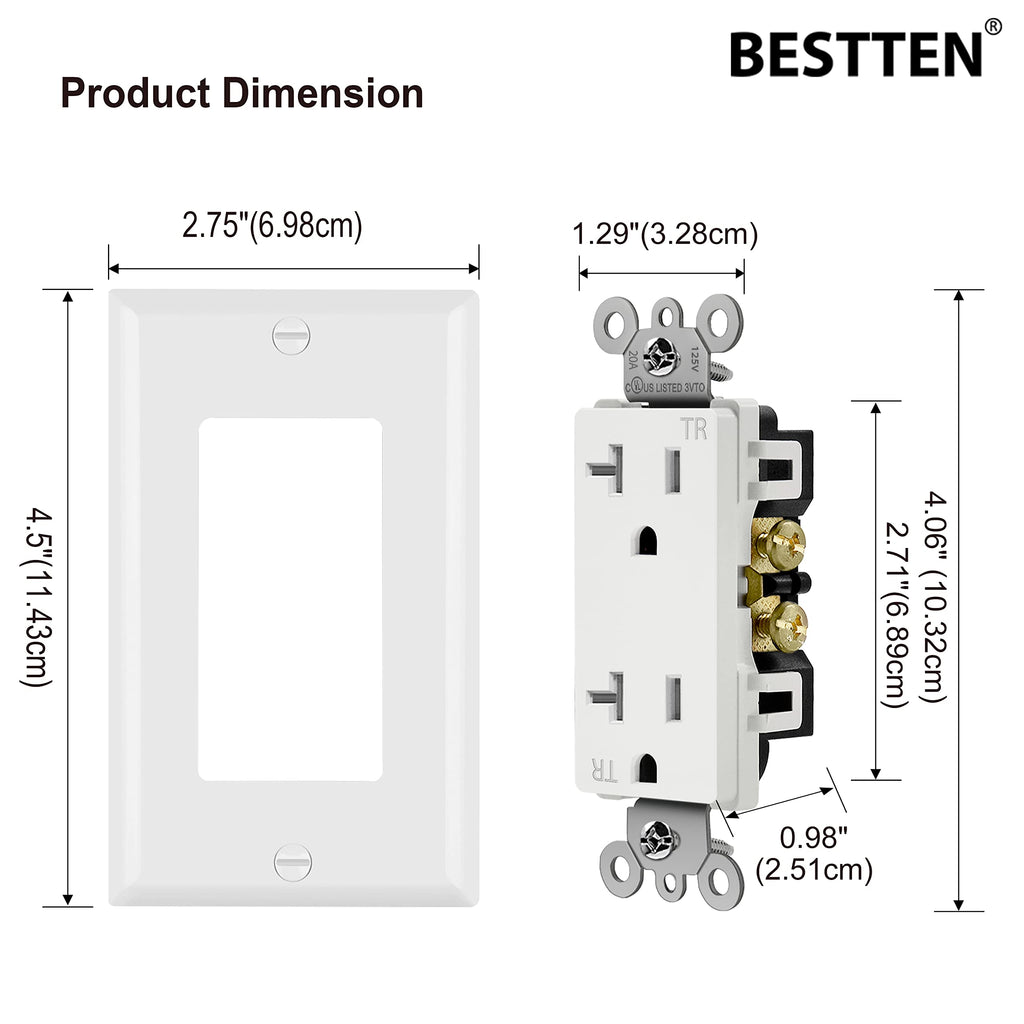 [50 Pack] BESTTEN 20 Amp Wall Receptacle Outlet, Tamper-Resistant (TR), Residential and Commercial Use, 20A/125V/2500W, UL Listed, White