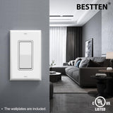 BESTTEN 50 Pack Single Pole Decorator Wall Light Switch with Wallplate, 15A 120/277V, On/Off Rocker Paddle Interrupter, UL Listed, White