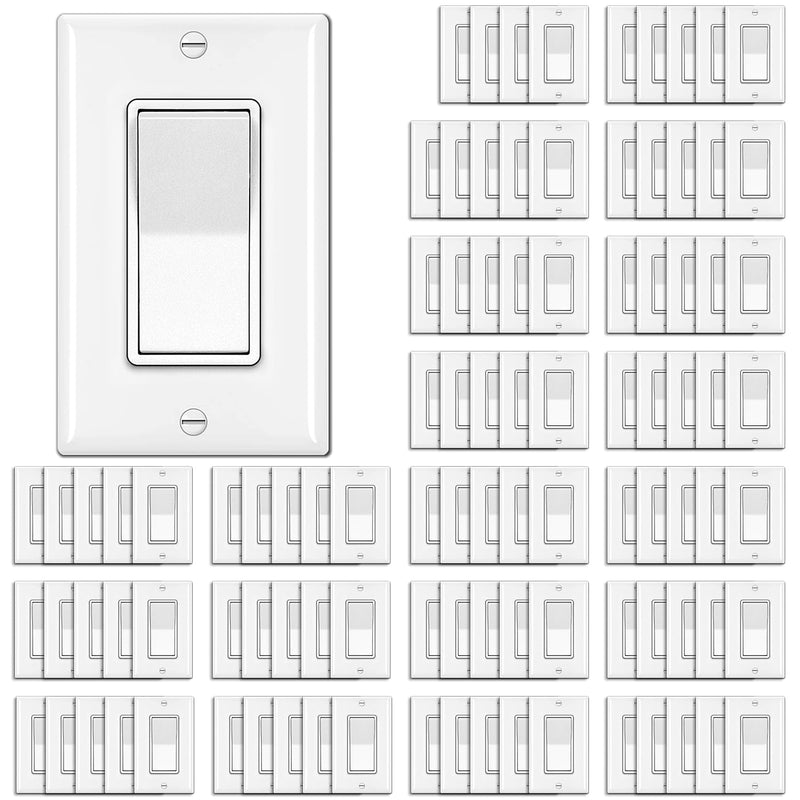 BESTTEN 100 Pack Single Pole Decorator Wall Light Switch with Wall Plate, 15A 120/277V, On/Off Rocker Paddle Interrupter for LED and Other Lamps, UL Listed, White