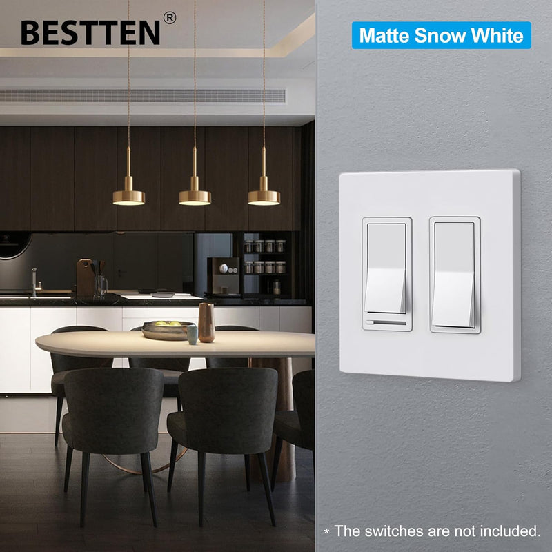 (10 Pack) BESTTEN USWP6 Matte Snow White 2-Gang Screwless Wall Plate, Decorator Outlet Cover, H4.69” x W4.73”, for Light Switch, Dimmer, USB, GFCI, Receptacle