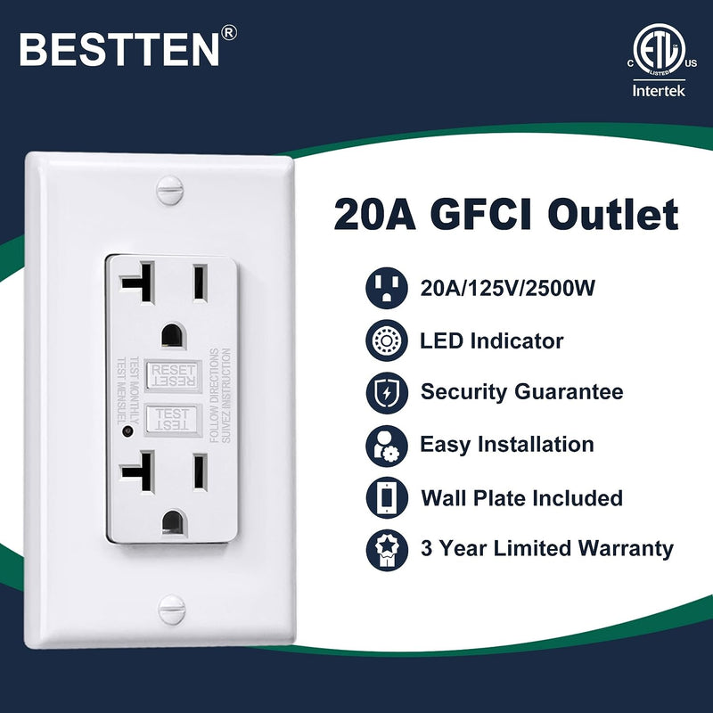 [5 Pack] BESTTEN 20 Amp GFCI Outlet, Non-Tamper-Resistant GFI Receptacle with LED Indicator, Ground Fault Circuit Interrupter with Wallplate, ETL Certified, White