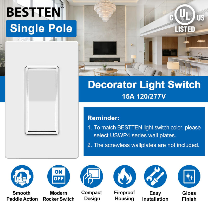 BESTTEN 100 Pack Single-Pole Decorator Light Switch, Paddle Wall Switch, 15A 120/277V, On/Off Rocker Interrupter, UL Listed, White