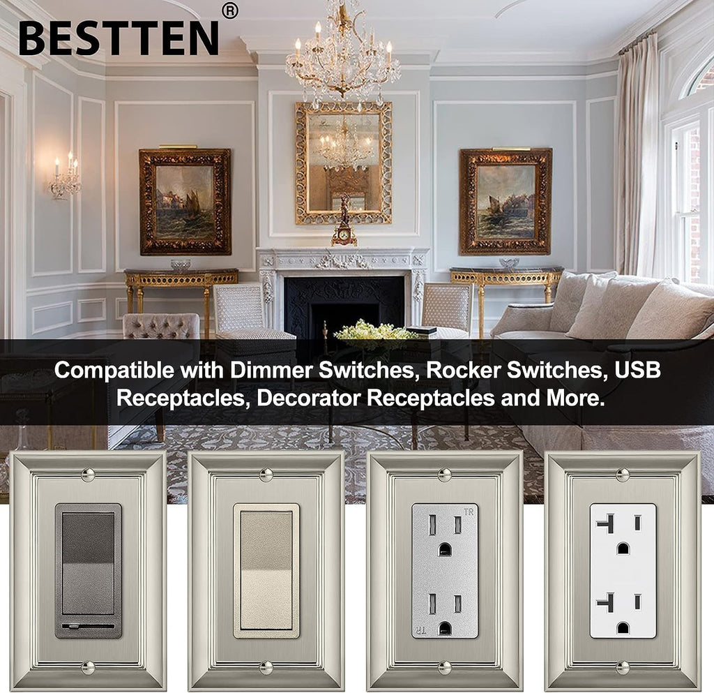 [10 Pack] BESTTEN Satin Nickel 1 Gang Zinc Alloy Decorator Wall Plate, Grand Collection Metal Decor Cover for Switch or Receptacle