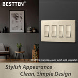 [5 Pack] BESTTEN 4-Gang Signature Collection Champagne Gold Screwless Wall Plate, Golden Decorator Outlet Cover, for Light Switch, Dimmer, Receptacle, H4.69” x W8.35”