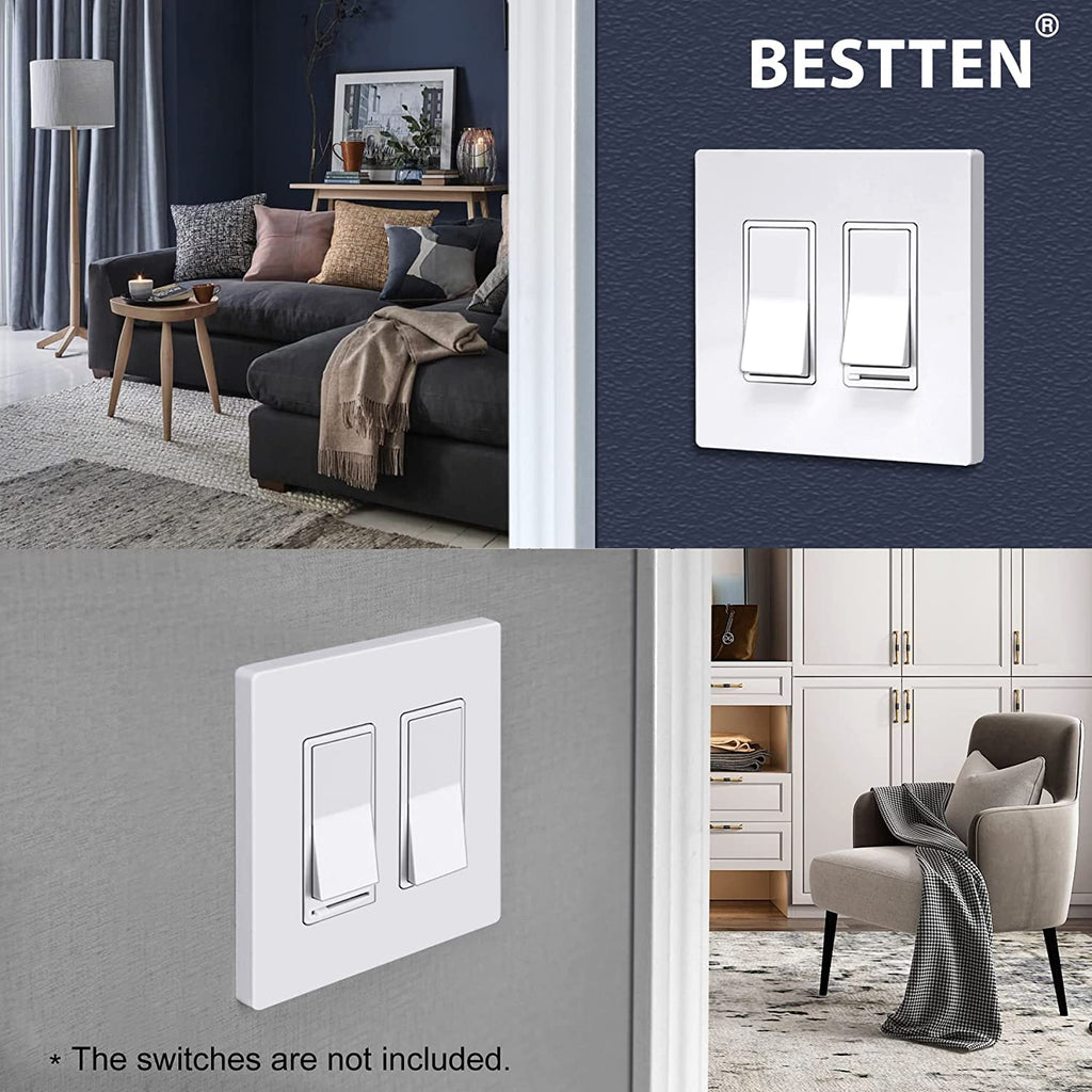 [10 Pack] BESTTEN USWP6 Matte Snow White Series 2-Gang Screwless Wall Plate, Decorator Outlet Cover, H4.69????¨¬?¡§¡§ x W4.73????¨¬?¡§¡§, for Light Switch, Dimmer, USB, GFCI, Receptacle