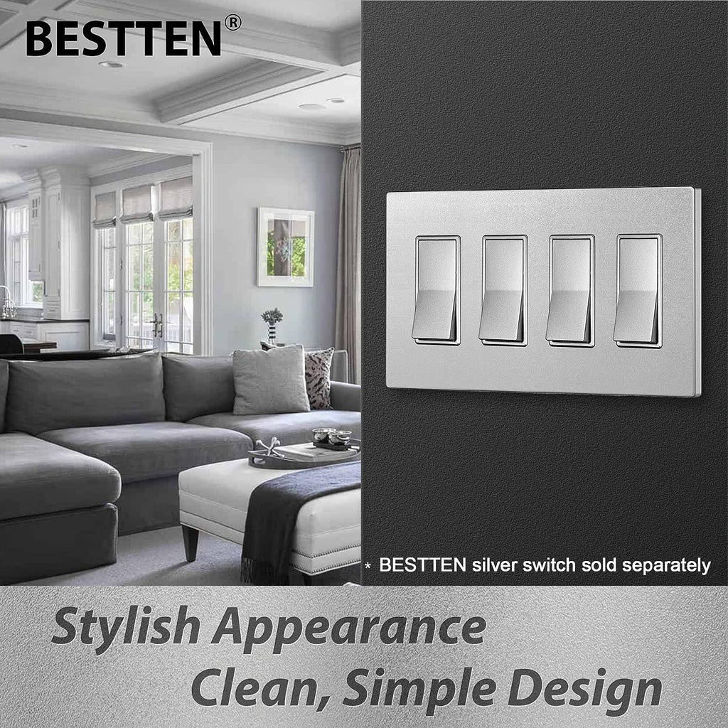 [5 Pack] BESTTEN 4-Gang Signature Collection Silver Screwless Wall Plate, Decorator Outlet Cover, USWP8 Series, H4.69” x W8.35”, for Light Switch, Dimmer, Receptacle