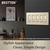 [2 Pack] BESTTEN 5 Gang Champagne Gold Screwless Wall Plate, Decor Switch Plate, Golden Decorator Outlet Cover, Signature Collection, H4.69??¨¤ x W10.18??¨¤