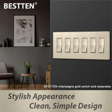 [2 Pack] BESTTEN 6 Gang Champagne Gold Screwless Wall Plate, Signature Collection Decorator Outlet Cover Decor Switch Plate, Signature Collection Golden, H4.69??¨¤ x W11.75??¨¤