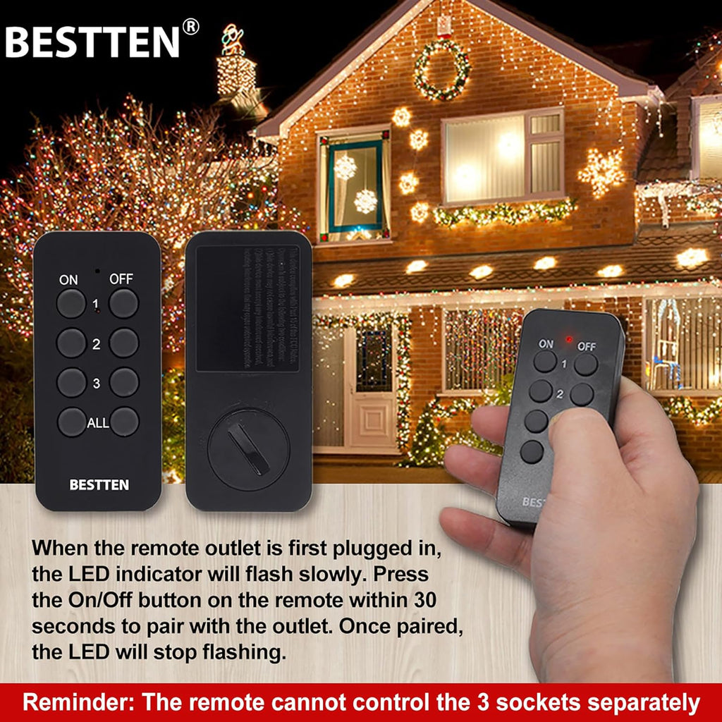 [2 Pack] BESTTEN Remote Control Outdoor Outlet Switch with 6-Inch Heavy Duty Power Cord, 3 Grounded Outlets, 15A/125V/1875W, ETL Certified, Black