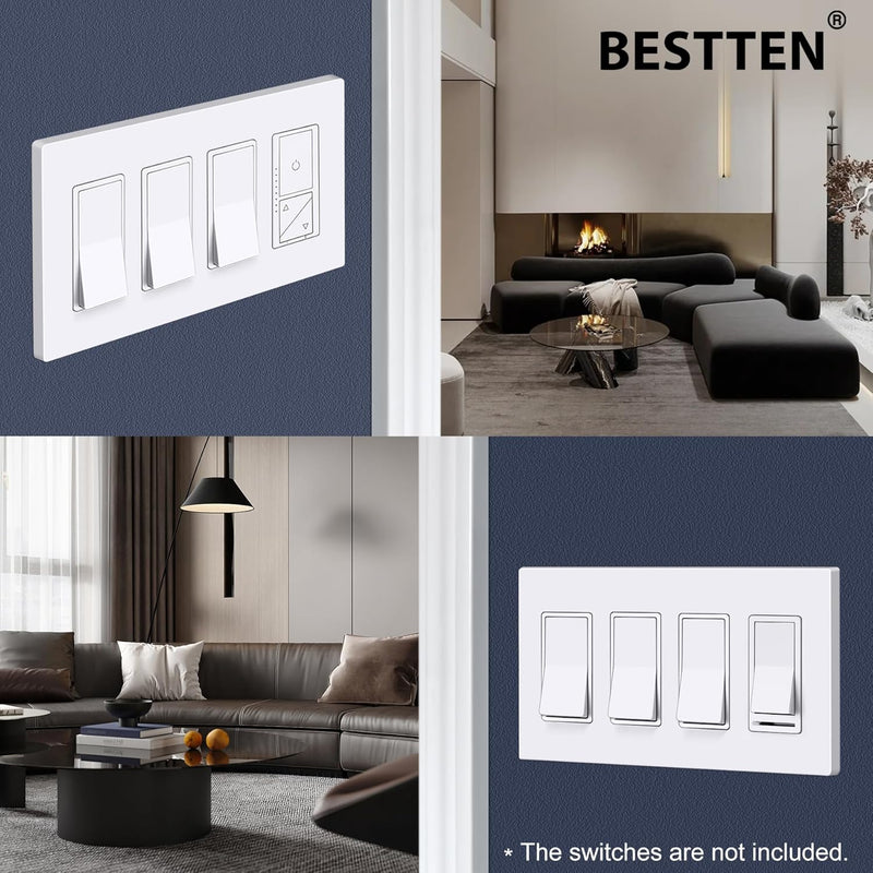 BESTTEN 5 Pack 4-Gang Screwless Decorative Wall Plate, Decorator Outlet Cover, USWP6 Snow White Series, H4.69” x L8.35”, for Light Switch, Dimmer, GFCI, USB Receptacle