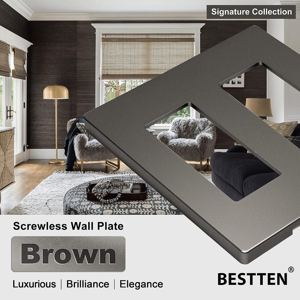[10 Pack] BESTTEN 2-Gang Matte Brown Screwless Decor Wall Plate, Signature Collection USWP8 Series, Decorator Outlet Cover, H4.69” x W4.73”, for Light Switch, Dimmer, Receptacle