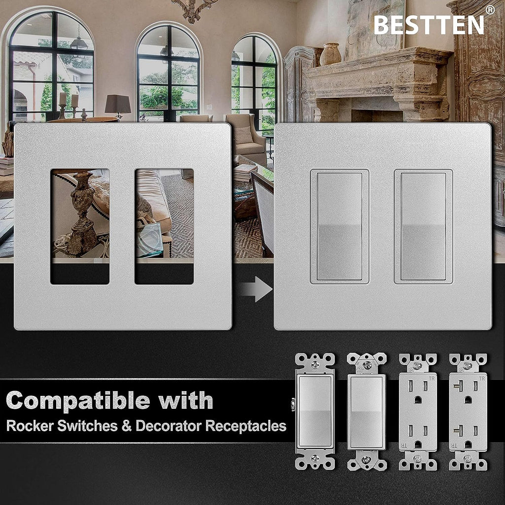 [5 Pack] BESTTEN 2-Gang Decor Silver Screwless Wall Plate, Signature Collection USWP8 Series, Decorator Outlet Cover Switch Plate, H4.69??¨¤ x W4.73??¨¤, for Light Switch, Dimmer, Receptacle