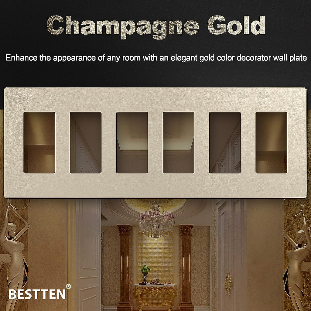 [2 Pack] BESTTEN 6 Gang Champagne Gold Screwless Wall Plate, Signature Collection Decorator Outlet Cover Decor Switch Plate, Signature Collection Golden, H4.69” x W11.75”