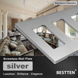 [5 Pack] BESTTEN 3-Gang Signature Collection Silver Screwless Wall Plate, Decorator Outlet Cover, USWP8 Series, H4.69??¨¤ x W6.54??¨¤, for Light Switch, Dimmer, Receptacle