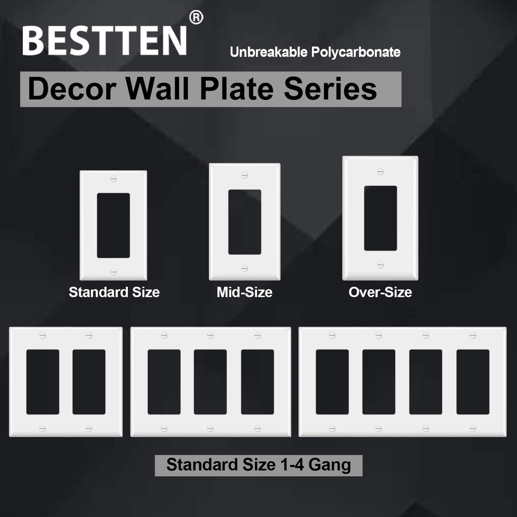 [2 Pack] BESTTEN 4 Gang Decor Wall Plate, Standard Size Unbreakable Polycarbonate Outlet and Switch Cover, H4.53-Inch x W8.23-Inch, UL Listed, White