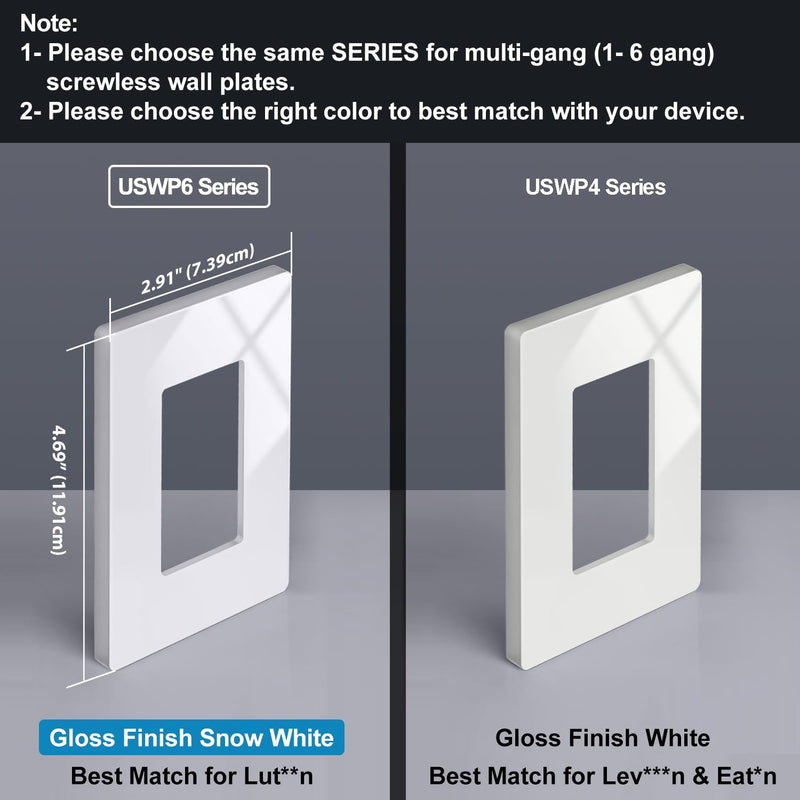 BESTTEN 50 Pack 1 Gang Screwless Decorator Wall Plate, USWP6 Gloss Snow White, Decorative Outlet Cover, Decor Light Switch Face Plate, H4.69” x W2.91”