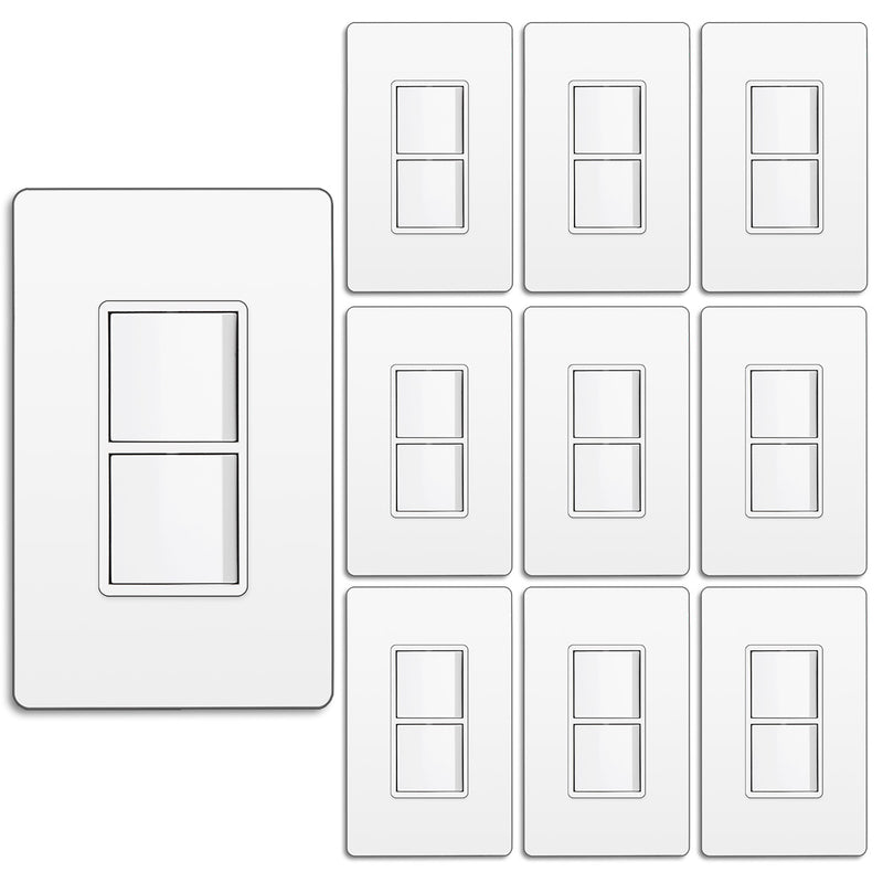 [10 Pack] BESTTEN Double Light Switch with Wallplate, On/Off Rocker Dual Wall Switch,15A/120V Single Pole Combination Interrupter, UL Listed, Snow White