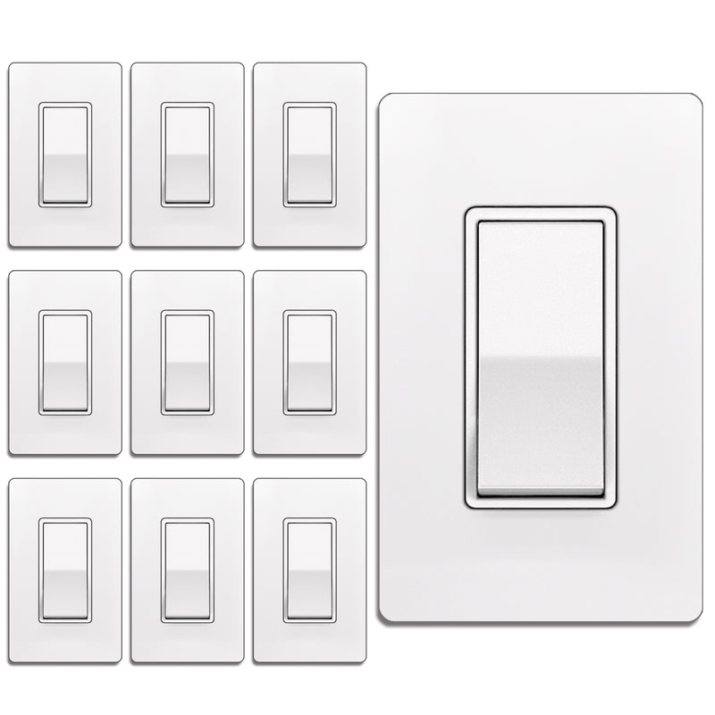 [10 Pack] BESTTEN 3 Way Decorator Wall Light Switch, 15A 120/277V, On/Off Paddle Rocker Interrupter, UL Listed, White