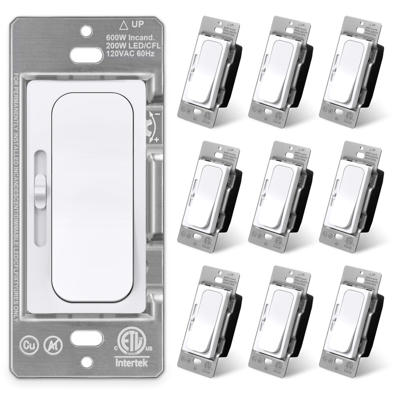 [10 Pack] BESTTEN Quiet Dimmer Light Switch, Smooth Slide Dimmer Switch with Wide Dimming & Compatibility Range, Single Pole or 3 Way, for Dimmable LED, CFL, Incandescent, Halogen, ETL Listed, White