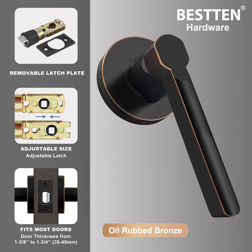 BESTTEN Oil Rubbed Bronze Passage Door Lever with Removable Latch Plate, Vienna Series All Metal Contemporary Round Hall Closet Door Handle, for Commercial and Residential Use