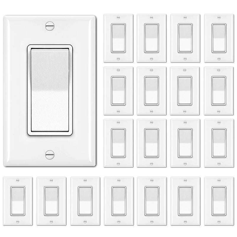 [20 Pack] BESTTEN Single Pole Decorator Wall Light Switch with Wallplate, 15A 120/277V, On/Off Rocker Paddle Interrupter, UL Listed, White