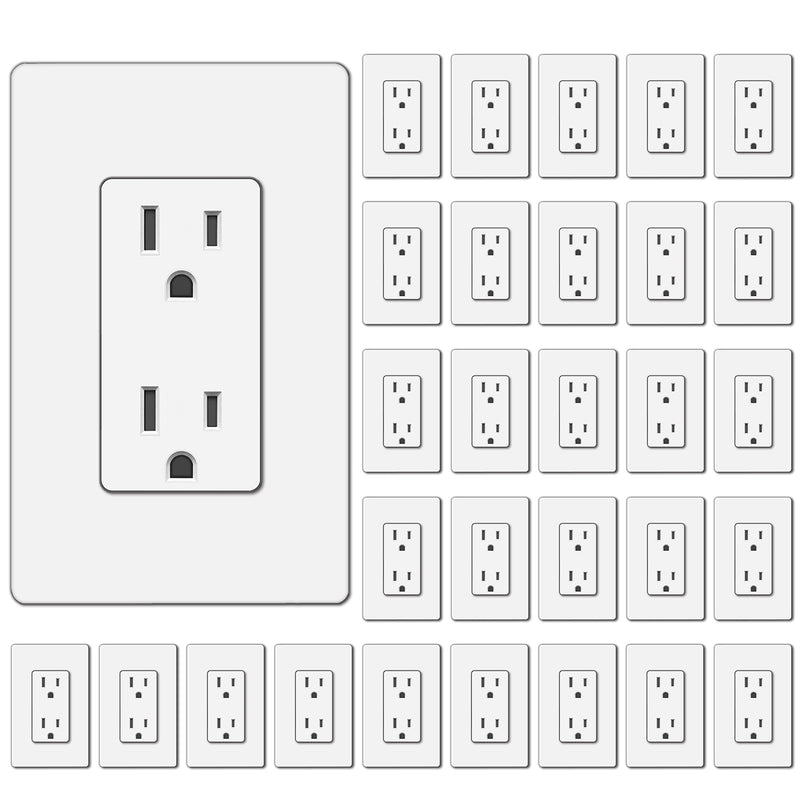 [30 Pack] 15 Amp BESTTEN Decorator Receptacle Outlet with Screwless Wallplate, Non-Tamper-Resistant, 15A/125V/1875W, Residential and Commercial Use, UL Listed, White