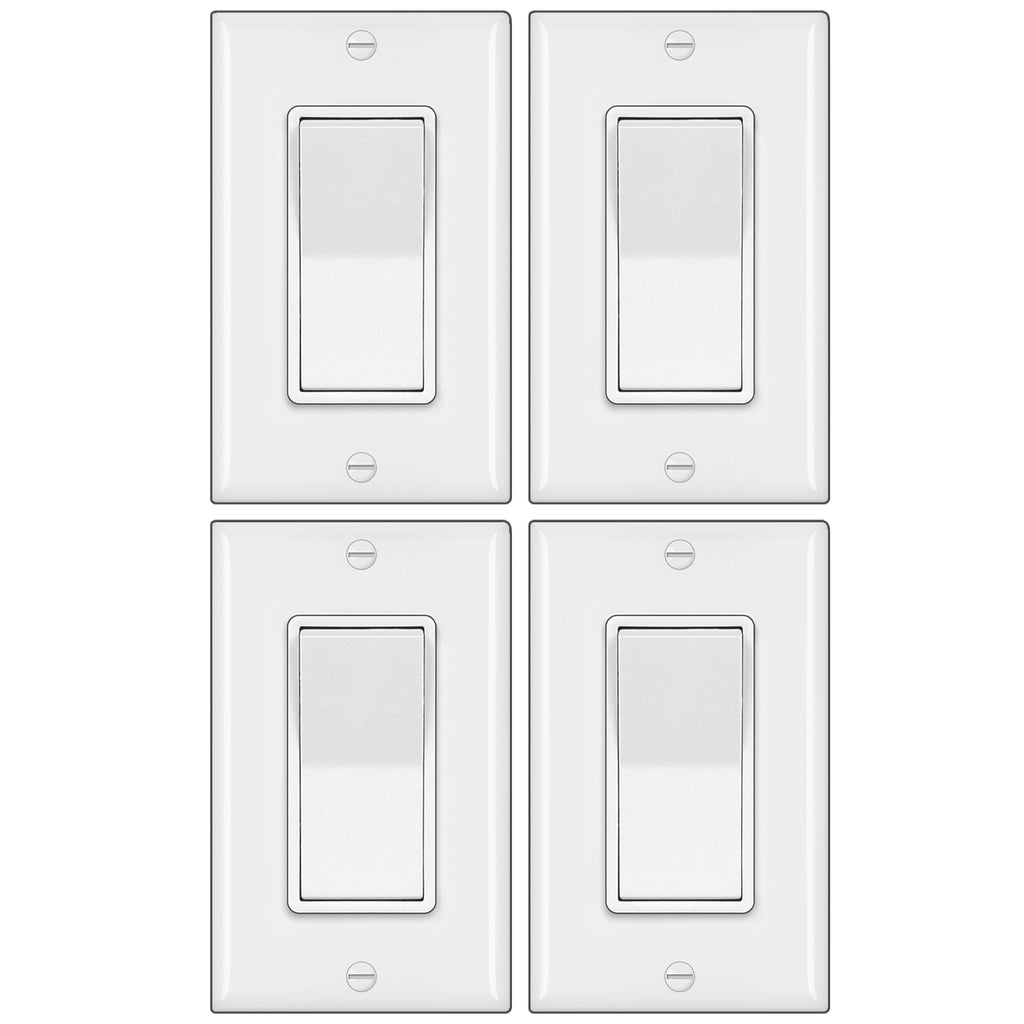 [4 Pack] BESTTEN 4-Way Decorator Wall Light Switch with Wallplate, 15A 120/277V, On/Off Paddle Rocker Interrupter, Self-Grounding, UL Listed, White