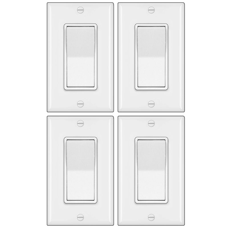 [4 Pack] BESTTEN 4-Way Decorator Wall Light Switch with Wallplate, 15A 120/277V, On/Off Paddle Rocker Interrupter, Self-Grounding, UL Listed, White