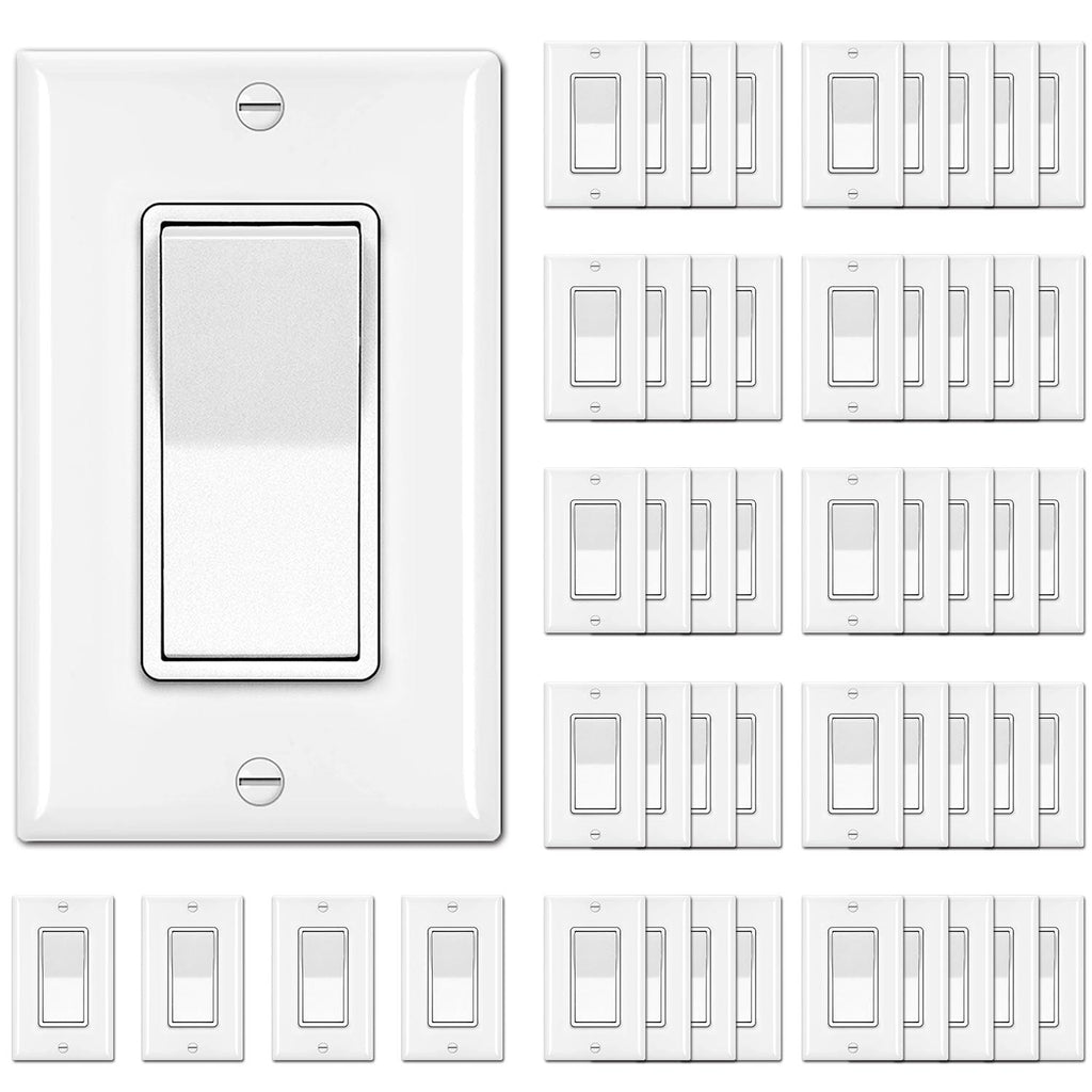[50 Pack] BESTTEN Single Pole Decorator Wall Light Switch with Wallplate, 15A 120/277V, On/Off Rocker Paddle Interrupter, UL Listed, White