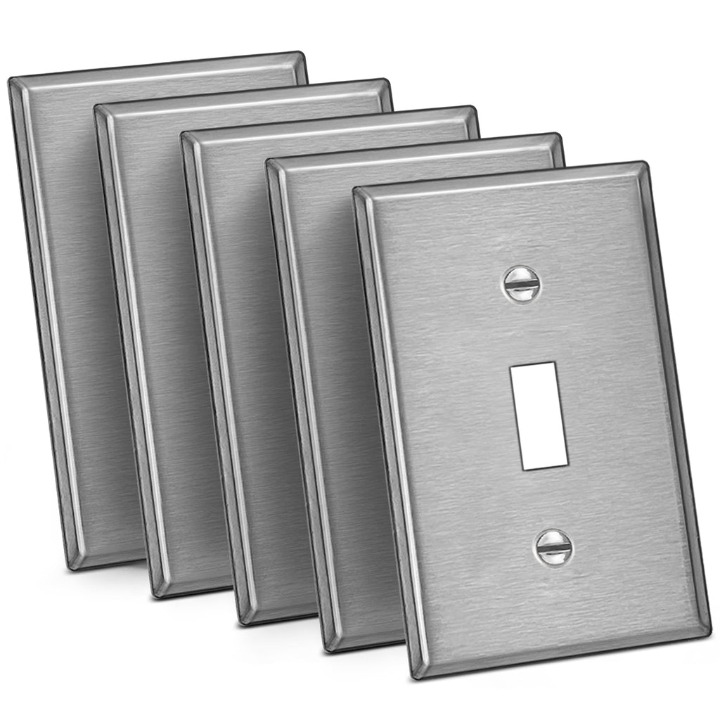 [5 Pack] BESTTEN 1-Gang Mid-Size Toggle Light Switch Metal Wall Plate with White or Clear Plastic Film, Anti-Corrosion Stainless Steel Midway Switch Cover, Industrial Grade, Brushed Finish