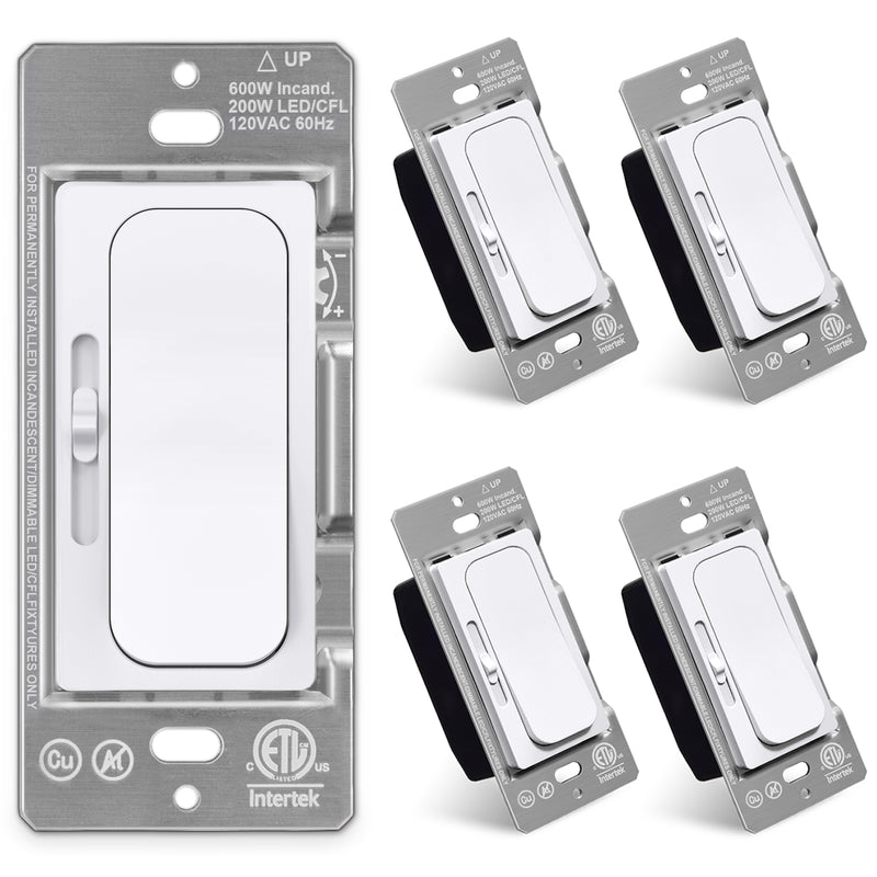 [5 Pack] BESTTEN Quiet Dimmer Light Switch, Smooth Slide Dimmer Switch, Single Pole or 3 Way Dimmable Light Switch, for LED, CFL, Incandescent, Halogen, ETL Listed, White